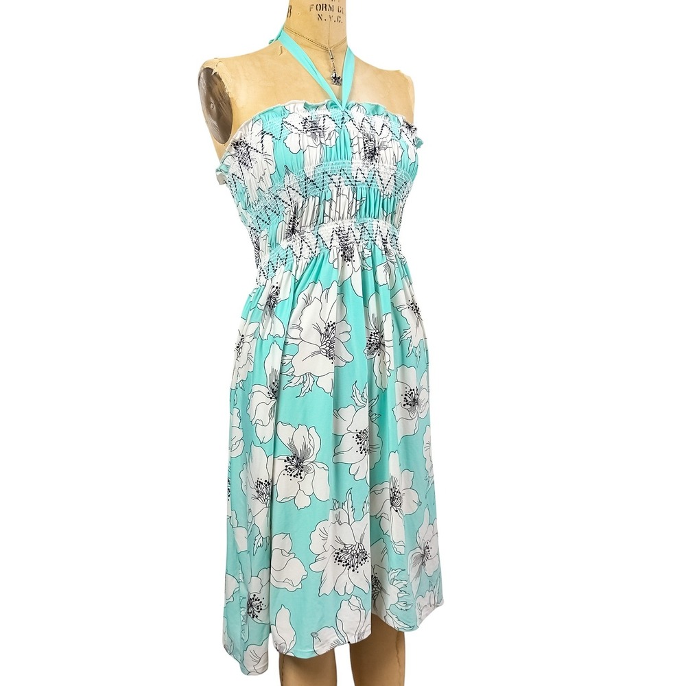 2000s Floral Halter Dress Turquoise Smocked Waist Tropical Beachy Boho Size S - Picture 4 of 8